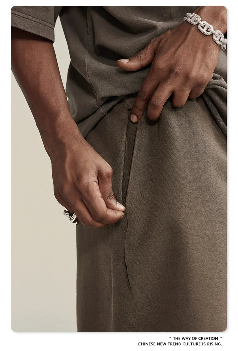 New Summer Men Retro Washed Shorts Unisex Drawstring Loose Edge 420gsm Solid Knee Length Cotton Pants Streetwears HY0589
