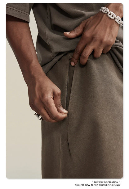 New Summer Men Retro Washed Shorts Unisex Drawstring Loose Edge 420gsm Solid Knee Length Cotton Pants Streetwears HY0589