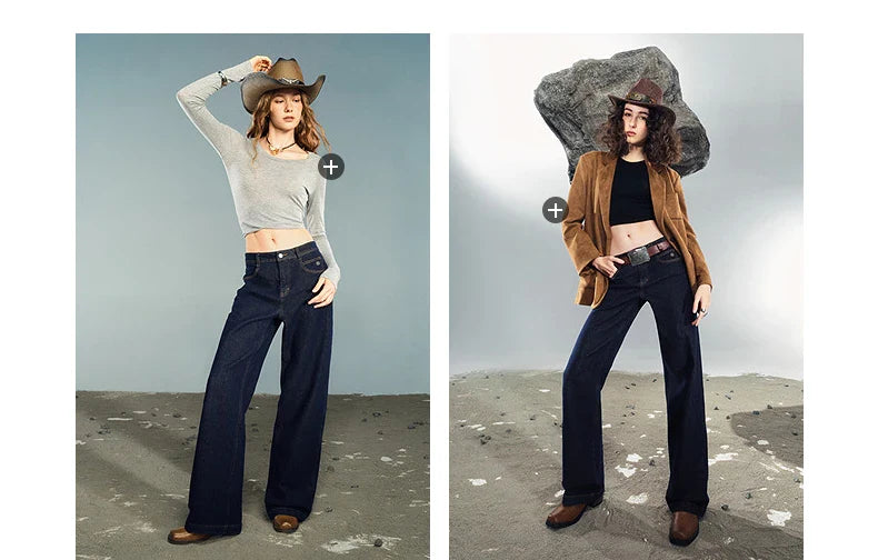 Women Denim Jeans 2025 Autumn New Lycra Stretch Washed Wide Leg Straight Long Pants