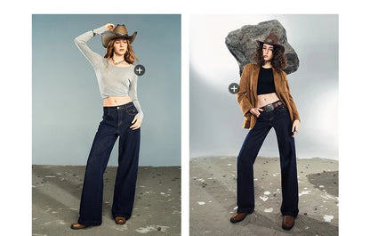 Women Denim Jeans 2025 Autumn New Lycra Stretch Washed Wide Leg Straight Long Pants