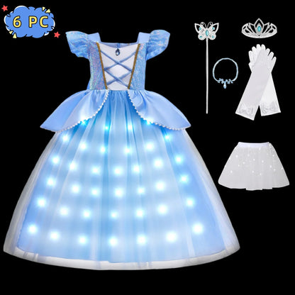 2026 Girl's Princess Cinderella Costume Classic Style Blue Ball Gown Dress Up with White Led Lights Outfit Dresses for Girls