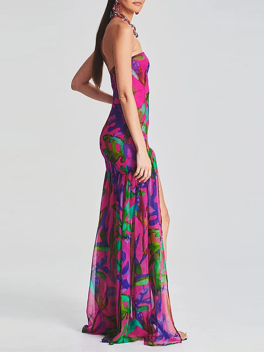 Women Tube Top Dress Slim Strapless Backless Mesh Patchwork Tropical Print High Slit Long Dress for Party Club Night