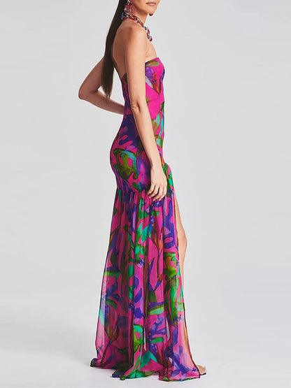 Women Tube Top Dress Slim Strapless Backless Mesh Patchwork Tropical Print High Slit Long Dress for Party Club Night