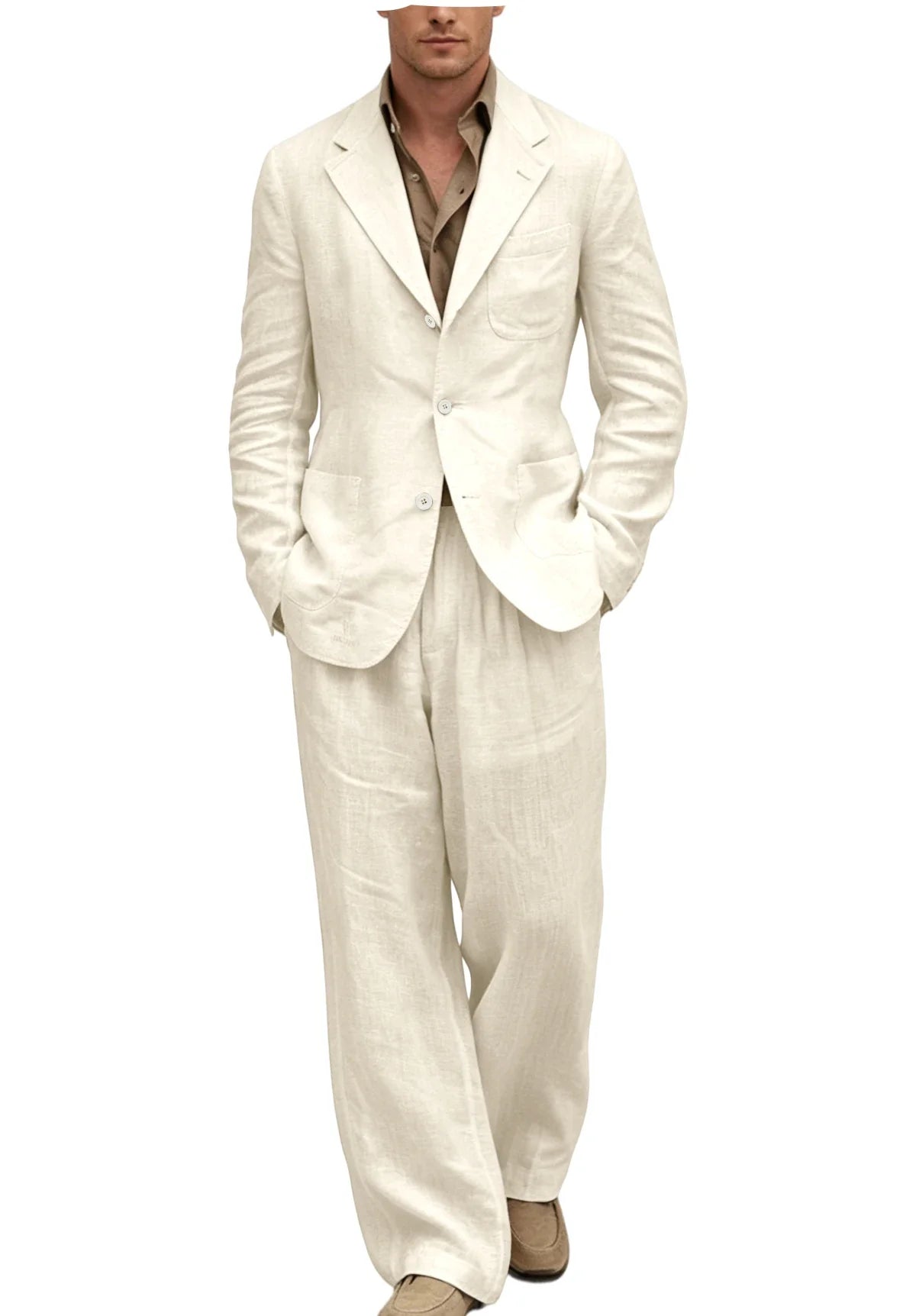 Men's Linen Suit 2 Pieces Set Casual Blazer & Wide Leg Pants Notch Lapel Breathable Wedding Business Party Jacket Tuxedo Summer