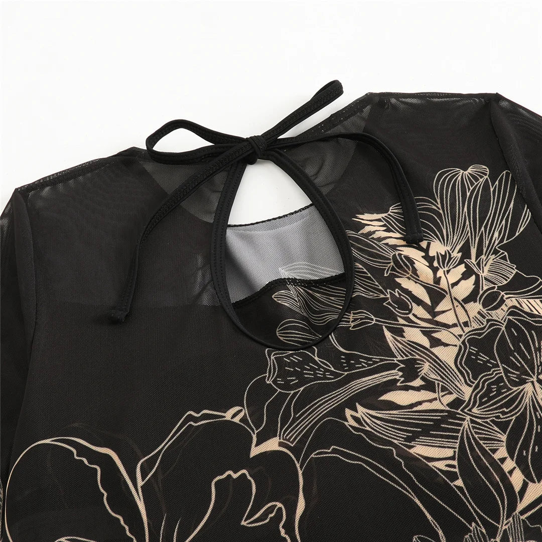 S - XXL Printed Long Sleeve With Sarong One Piece Swimsuit Women Swimwear Female Flowers Padded Bather Bathing Suit Swim V7181