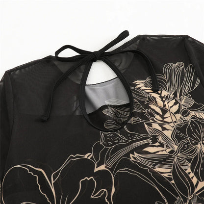 S - XXL Printed Long Sleeve With Sarong One Piece Swimsuit Women Swimwear Female Flowers Padded Bather Bathing Suit Swim V7181