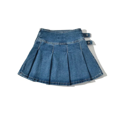 2025 Summer New TARUXY Denim Y2k Skirt with Pleats and Belt 90s E-girl Korean Skirts For Women High Street Jeans Short Bottom