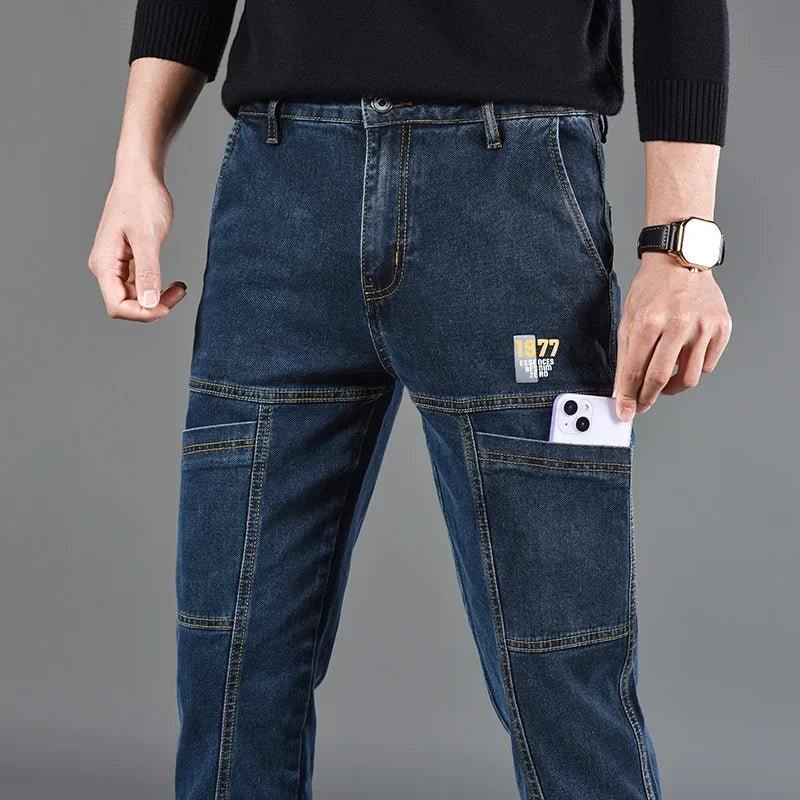 2026 New Style Jeans Men's Slim Fit Korean Style Comfortable Straight Leg Elastic Gray Mid Waist Pants Men's Casual Denim Pants