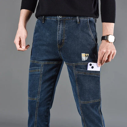 2026 New Style Jeans Men's Slim Fit Korean Style Comfortable Straight Leg Elastic Gray Mid Waist Pants Men's Casual Denim Pants