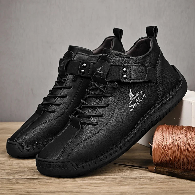 New 2025 Handmade Leather Casual Men Shoes Design Sneakers Man Breathable Leather Shoes Ankle Boots Outdoor Non Slip Walking