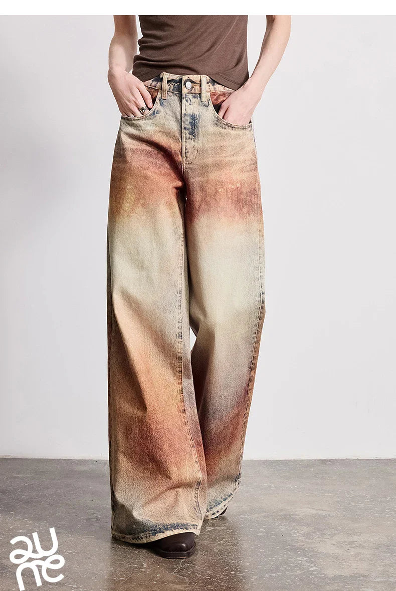 Women Jeans 2026 Spring New Wilderness Wasteland Style Mid Low Waist Loose Printed Wide Leg Pants