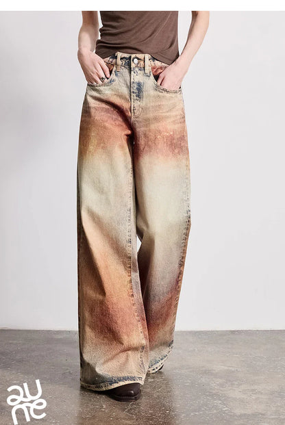 Women Jeans 2026 Spring New Wilderness Wasteland Style Mid Low Waist Loose Printed Wide Leg Pants