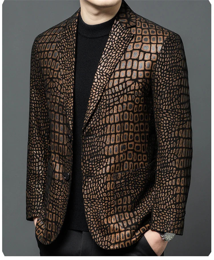 Luxurious Sheepskin Blazers For Men Smooth Casual Leather Jacket Winter Top Quality Leopard Print Slim Gentleman Terno Masculino