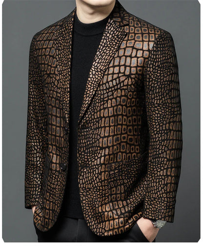 Luxurious Sheepskin Blazers For Men Smooth Casual Leather Jacket Winter Top Quality Leopard Print Slim Gentleman Terno Masculino