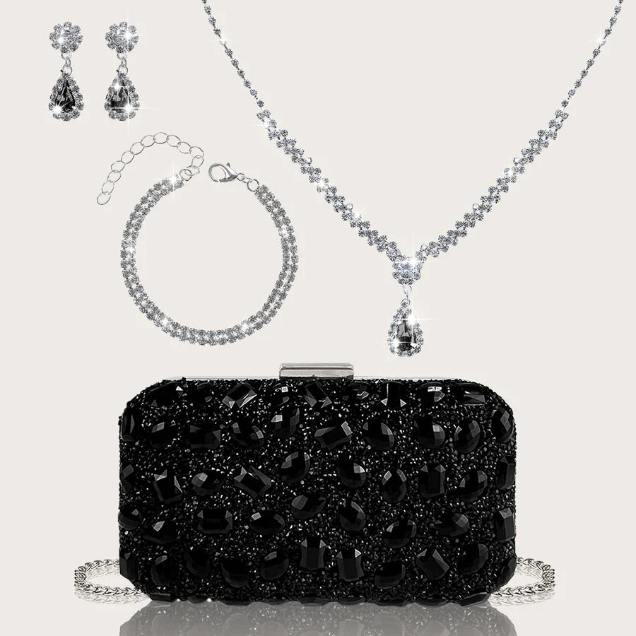 Fashionable and Luxurious, Simple Rhinestone Party Clutch and Box Bag, Exquisite and Elegant Women's Evening Bag, Paired with a Gorgeous Rhinestone Pendant Necklace, Bracelet, and Earrings Four-Piece Set, Perfect Wallet for P