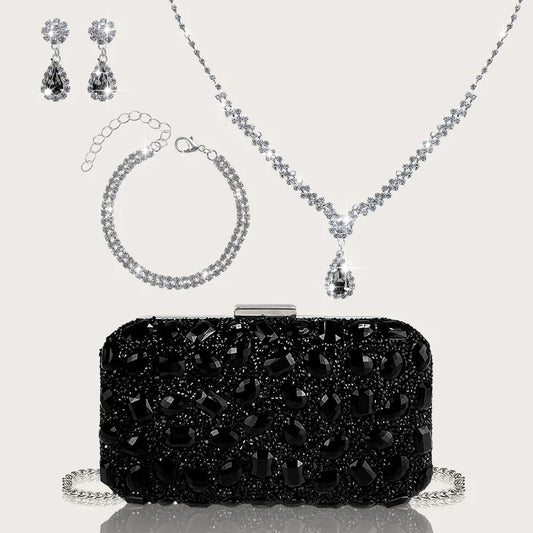 Fashionable and Luxurious, Simple Rhinestone Party Clutch and Box Bag, Exquisite and Elegant Women's Evening Bag, Paired with a Gorgeous Rhinestone Pendant Necklace, Bracelet, and Earrings Four-Piece Set, Perfect Wallet for P