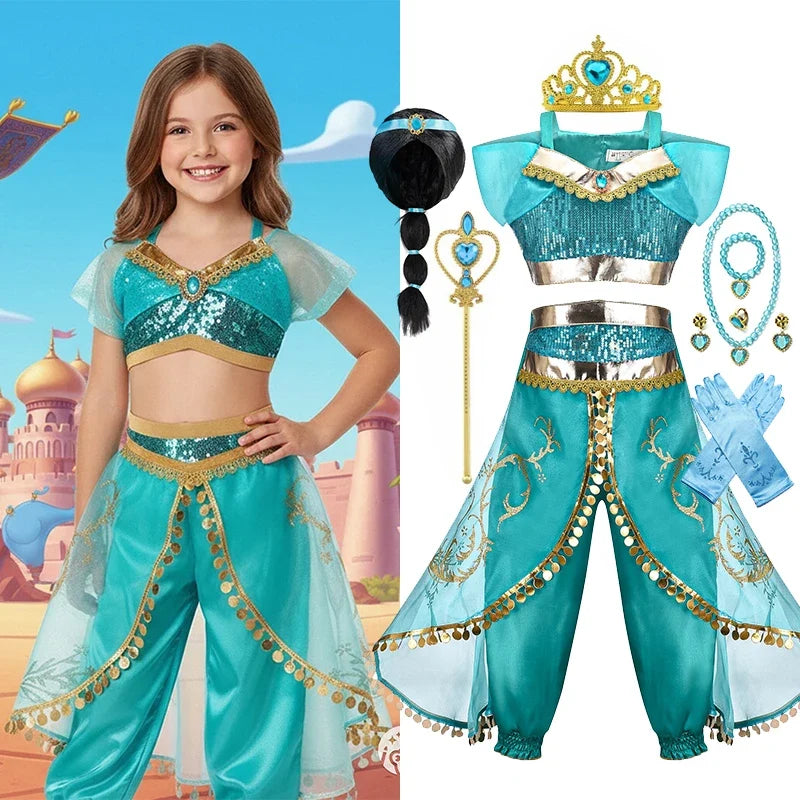 Jasmine Princess Dress for Girls Cosplay Aladdin Magic Lamp Costume Kids Halloween Birthday Carnival Party Vestidos