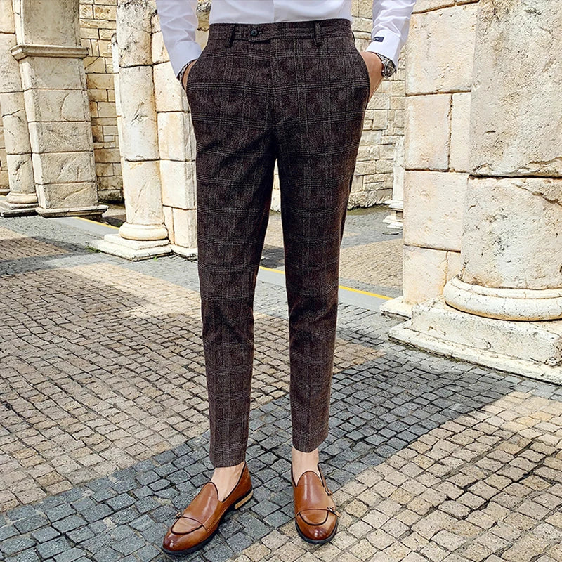 Boutique Classic Plaid and Striped Fashion Men's Casual Business Slim Suit Pants Groom Wedding Dress Trousers Party