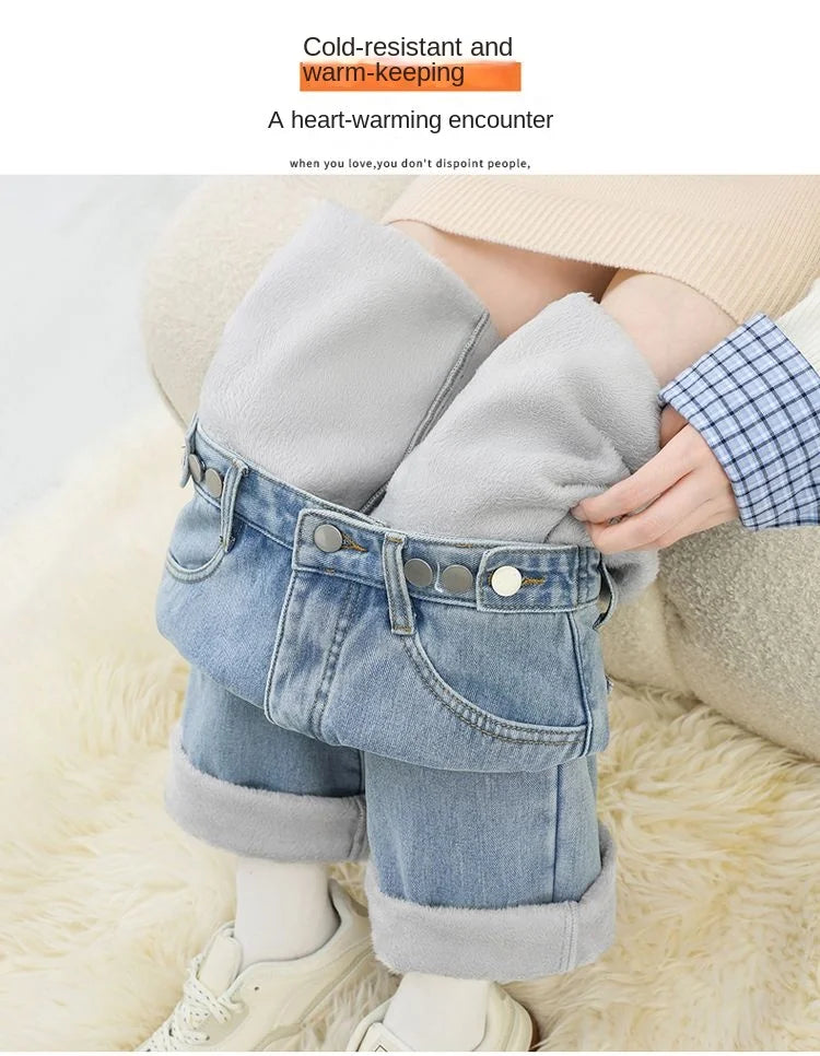 Winter Thick Warm Womens High Waist Jeans Fleece Lined Loose Fit Wide Leg Trousers Korean Style Stretchy Adjustable Waist  Jeans