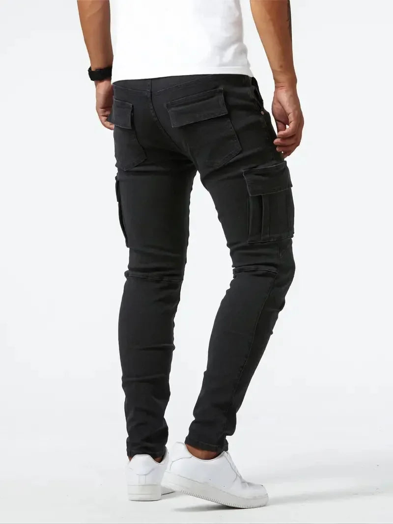 Street Elastic Jeans Men Denim Cargo Pants Wash Solid Color Multi Pockets Casual Mid Waist Trousers Slim Fit Daily Wear Joggers