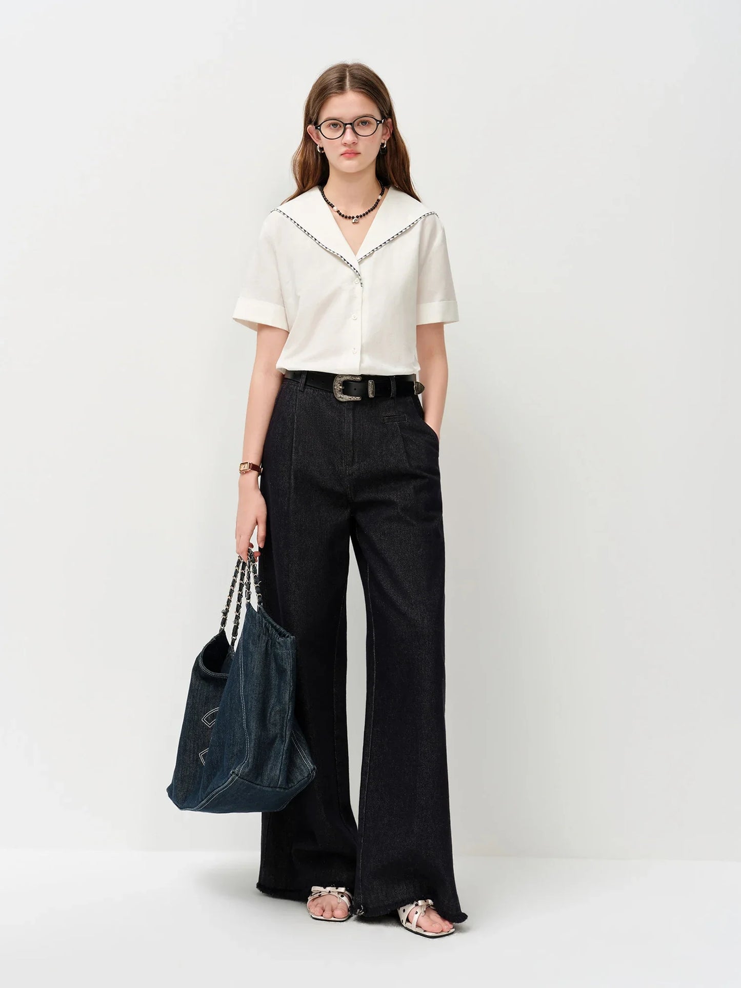 2026 Summer Women's Sailor Collar Shell Embroidered Short Sleeve Shirt Preppy Button Down Blouse for Rebellious Prep Style