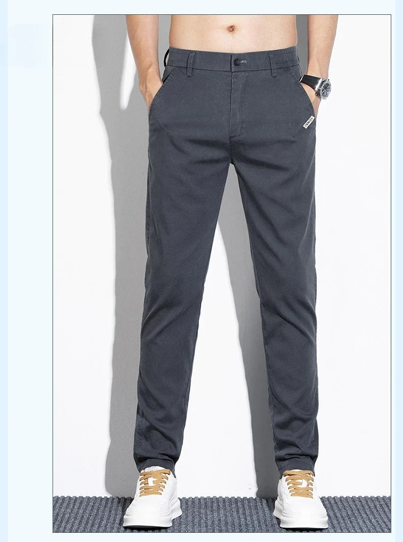 Thin Men's Pants Spring Summer Straight Casual Pants Lyocell Fabric Fashion Slim Stretch Korean Trousers Solid Color 2025 New