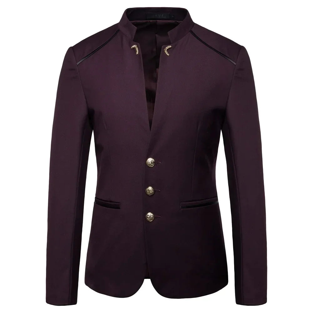Black Stand Up Collar Blazer Coat, Men's Wedding Party Dress Jacket Fashion Slim Fit Single Breasted Jaqueta, Asian Size M-5XL