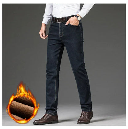Winter Fleece Men's Casual Jeans Stretch Fashion Cotton Thick Plush Warm Denim Trousers Male Brand Pants Plus Size 42 44 46