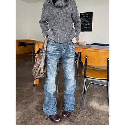 Blue Straight Leg Slim Fit Jeans Women's American Retro  Casual Cotton Denim Pants Youth Stand Fit Jeans