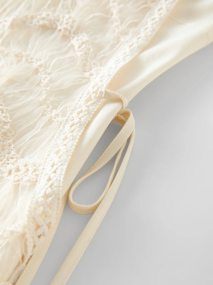 2025 Summer Women's Mesh Embroidery Dress Hollow Out Splicing Bubble Sleeves Waist Tie Y2K Trendy Boho Chic 25FS12832