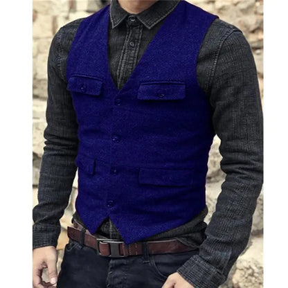 Men Vest V Neck Classic Steampunk Suit Wool Tweed Notch Lapel Thick Tweed For Wedding Groom Banquet Waistcoat