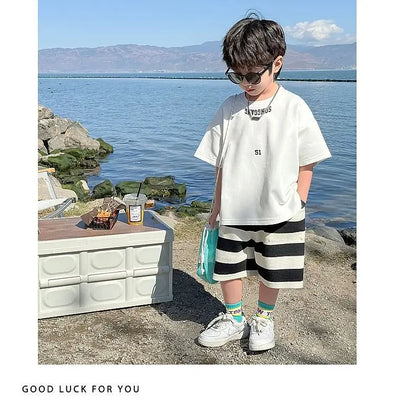 Summer Boys Cotton Leisure White T-Shirt Tops+Contrast Stripes Shorts Pant Set School Kids 2PCS Tracksuit Children Outfit 3-14Yr