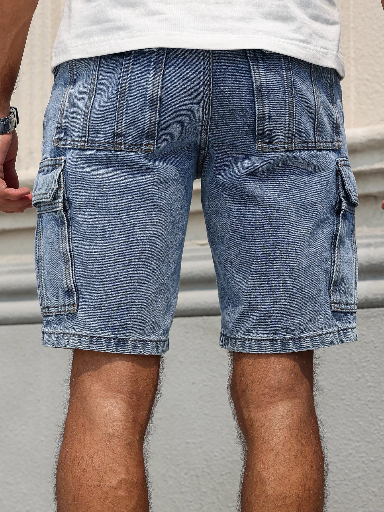 Men's Summer Blue Regular Denim Shorts. Multi-Pocket Design. Stylish and Casual.