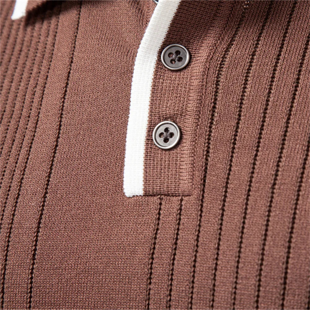 2025 Button Down Polo Shirt Men Solid Color Stripe Long Sleeve Fall Winter Luxury Warm Touch Business Casual Mens Polo Shirts