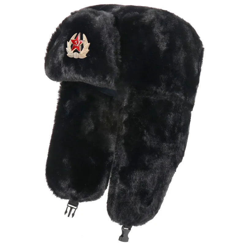 Soviet Badge Ushanka Men&Women Bomber Hats CCCP Army Pilot Trapper Trooper Hat Winter Faux Rabbit Fur Earflap Snow Caps