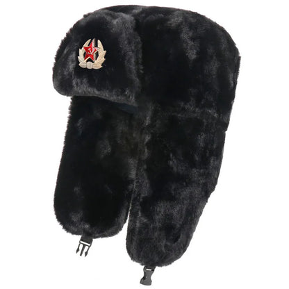 Soviet Badge Ushanka Men&Women Bomber Hats CCCP Army Pilot Trapper Trooper Hat Winter Faux Rabbit Fur Earflap Snow Caps