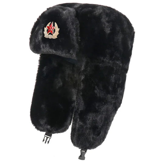 Soviet Badge Ushanka Men&Women Bomber Hats CCCP Army Pilot Trapper Trooper Hat Winter Faux Rabbit Fur Earflap Snow Caps