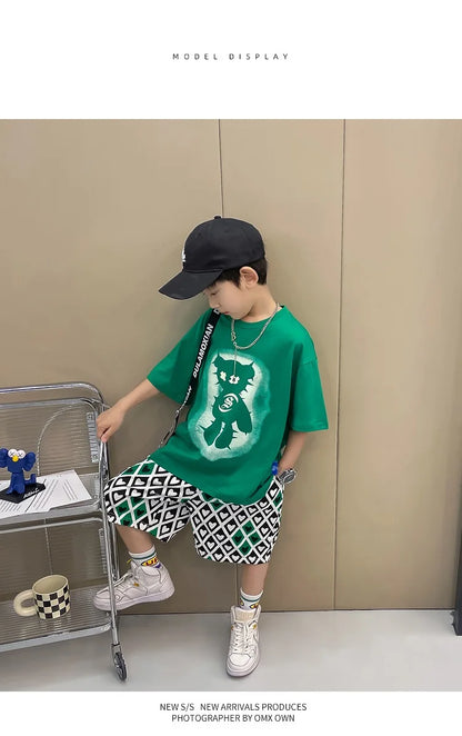 Summer Boys Cotton Short-Sleeved T-shirt Tops+Drawstring Shorts Pant School Kids 2PCS Tracksuit Child Outfit Workout Set 3-14 Yr