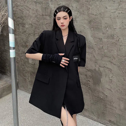 Streetwear Loose Women Blazer Summer Fashion New Thin Short Sleeve Button Down Jacket Woman