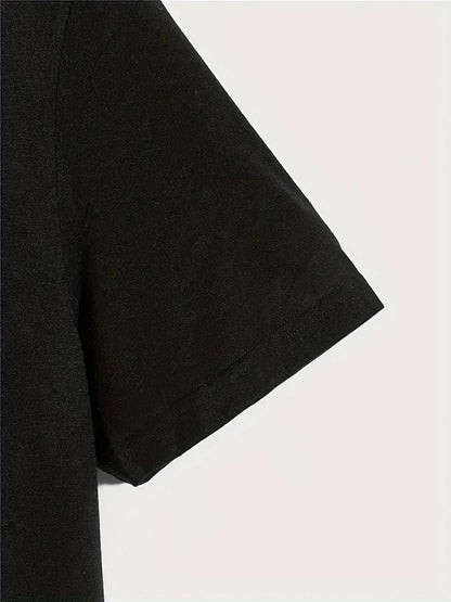 Men's Summer Casual Loose Size 100% Cotton Black Print Round Neck Short Sleeve T-shirt Top