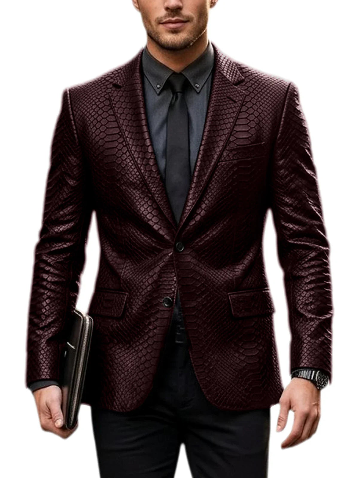 Men's Luxury Crocodile Pattern Leather Blazer Slim Fit Two Button Notch Lapel Suit Jacket Business Casual Wedding Tuxedo Dress