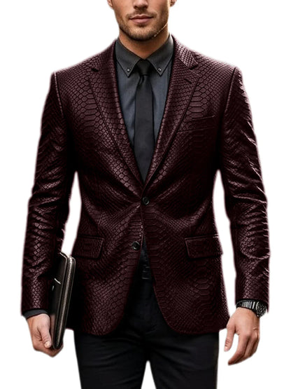 Men's Luxury Crocodile Pattern Leather Blazer Slim Fit Two Button Notch Lapel Suit Jacket Business Casual Wedding Tuxedo Dress