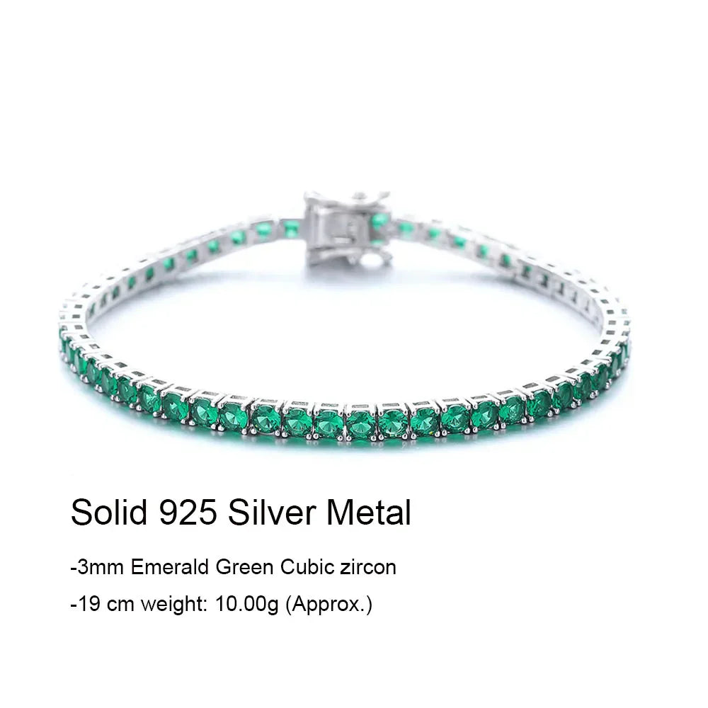 Fine Jewelry Pave 3MM Emerald Green Cubic Zircon Hip Hop Rock Chain For Women/Men Real 925 Silver Metal Tennis Bracelet
