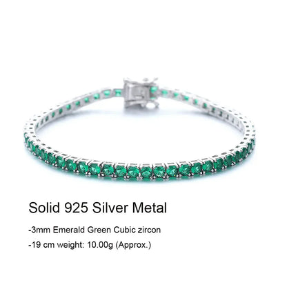 Fine Jewelry Pave 3MM Emerald Green Cubic Zircon Hip Hop Rock Chain For Women/Men Real 925 Silver Metal Tennis Bracelet