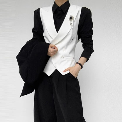 Men Vest Korean Simple Solid Turn Down Collar Sleeveless Man Waistcoat Slim Double-breasted Versatile Male Suit Vest