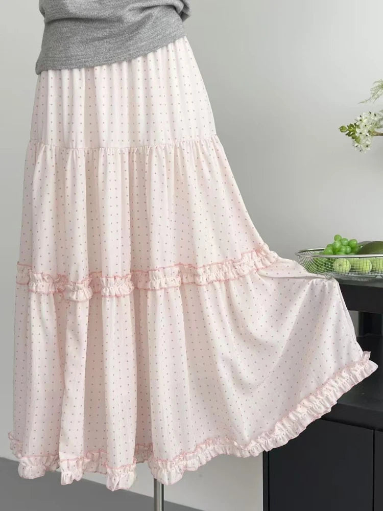 Summer Sweet Kawaii Polka Dot Skirt Women's Elegant Cute Elastic Waist Long Skirts Korean Fashion Casual Loose Clothing Chic New