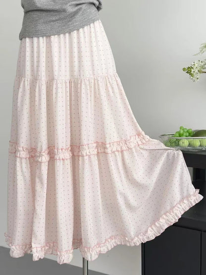 Summer Sweet Kawaii Polka Dot Skirt Women's Elegant Cute Elastic Waist Long Skirts Korean Fashion Casual Loose Clothing Chic New