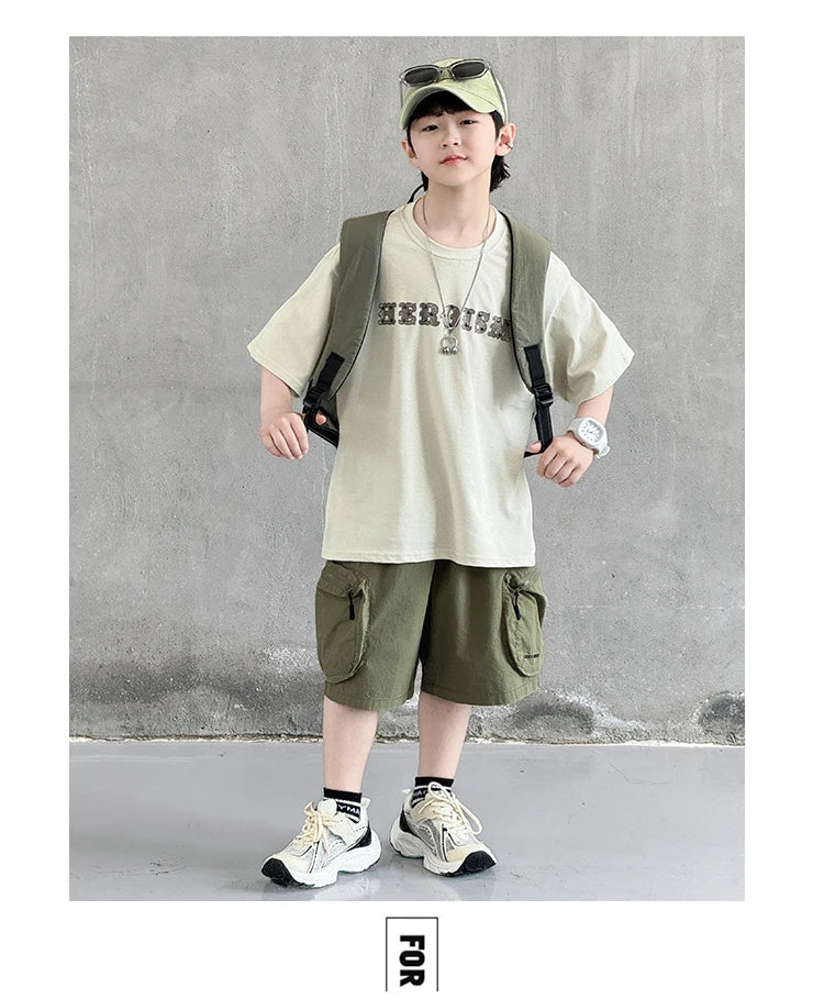 New Summer Korean Children Fashion Suit for Teen Boy Cotton Top And Bottom Set Kids Casual Tshirt Shorts 2PCS Clothing Set 7-16Y