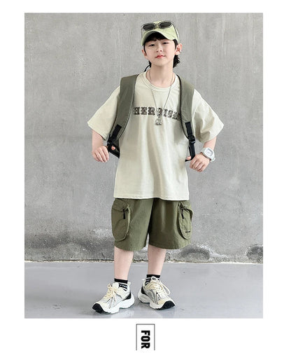New Summer Korean Children Fashion Suit for Teen Boy Cotton Top And Bottom Set Kids Casual Tshirt Shorts 2PCS Clothing Set 7-16Y
