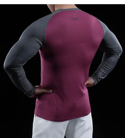 Autumn Winter Men Gym Fitness Display Long Sleeve T-Shirt Crew Neck Elastic Moisture Wicking Tights Running Training Bottom Top